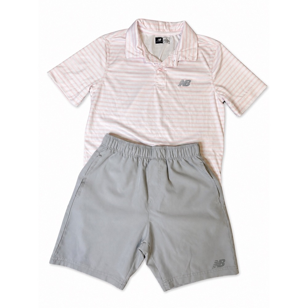 New Balance | Boys Pink & White Striped Polo and Grey Shorts Set | Size M 10-12